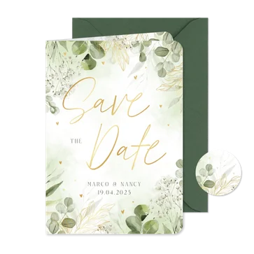Botanische save the date kaart met waterverf en goudfolie